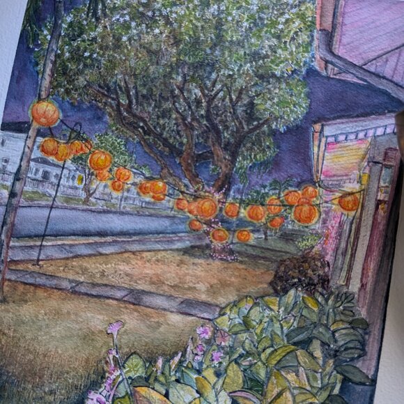 Original Watercolor - Pumpkin Lantern Tree i: Indigo Sky - Painting - Picture 4 of 6